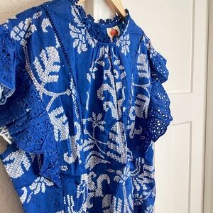 FARM Rio x Anthropologie Short-Sleeve Printed Ruffle Blouse Blue Eyelet NEW